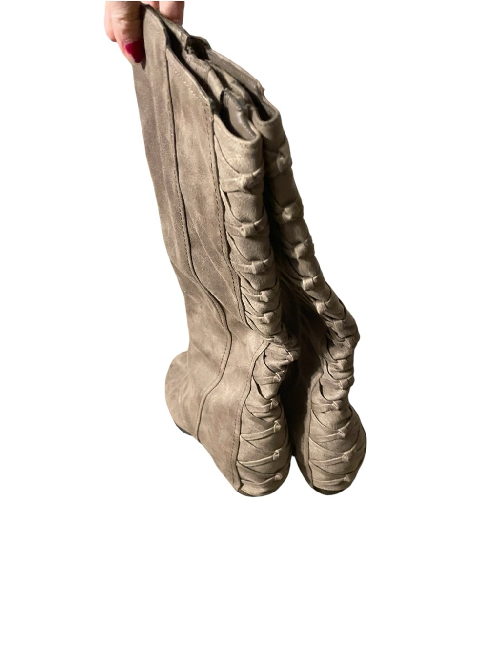H6- Fergalicious Women's Taupe Knee-High Block Heel Boots - Stylish Side Detail - Picture 3 of 4